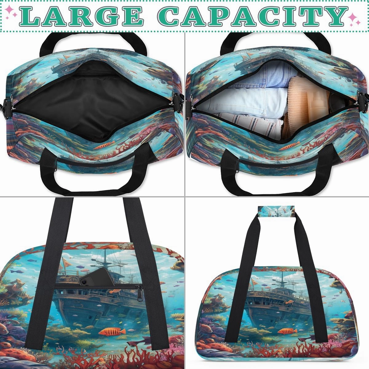 Cartoon Underwater Ship Kids Overnighter Duffel Bags for Boys, Carry-On Size Sports Gym Bag with Front Zipper Pocket for School Practice or Overnight Travel Weekender Sleepover Tote Bag