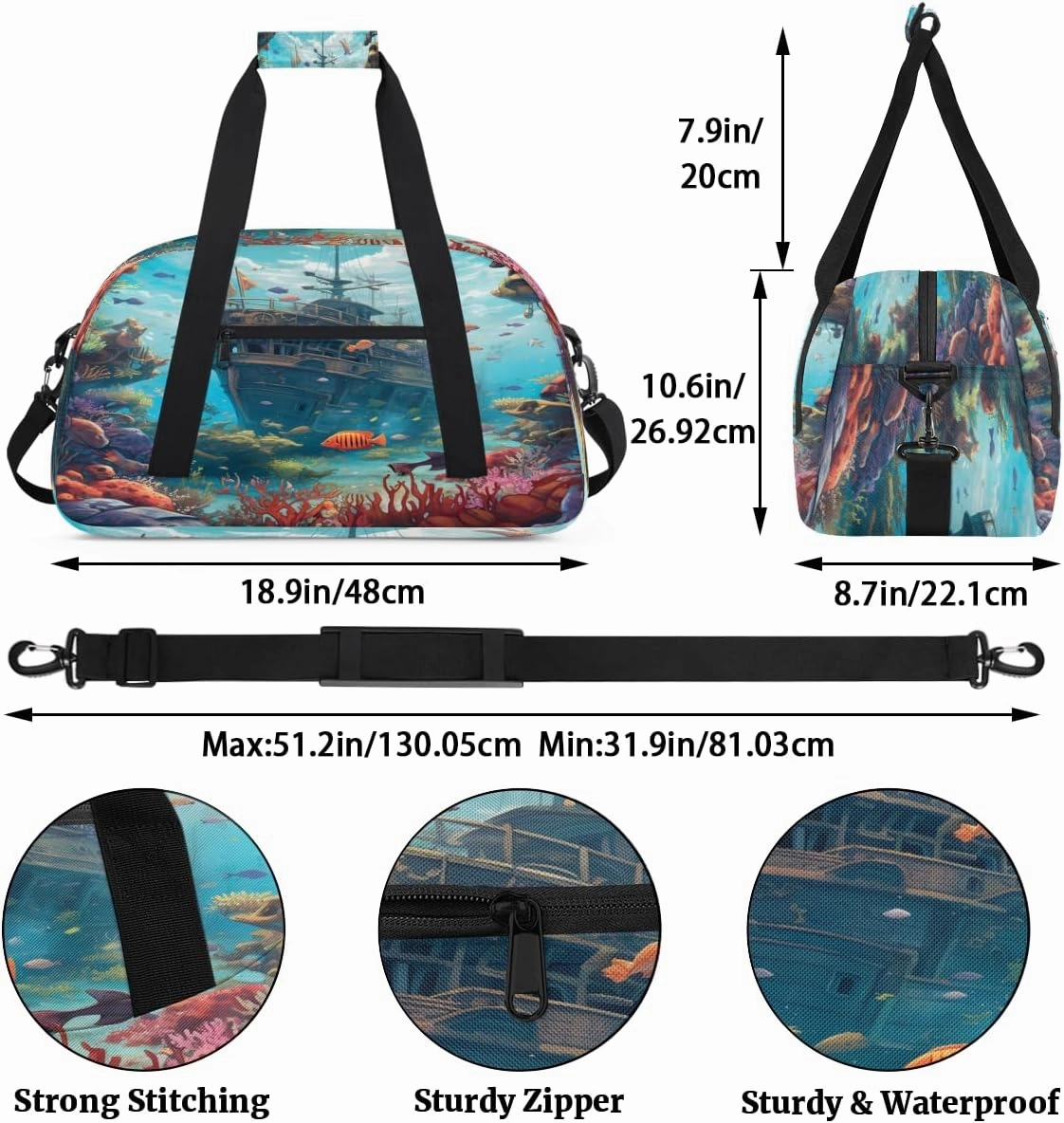Cartoon Underwater Ship Kids Overnighter Duffel Bags for Boys, Carry-On Size Sports Gym Bag with Front Zipper Pocket for School Practice or Overnight Travel Weekender Sleepover Tote Bag