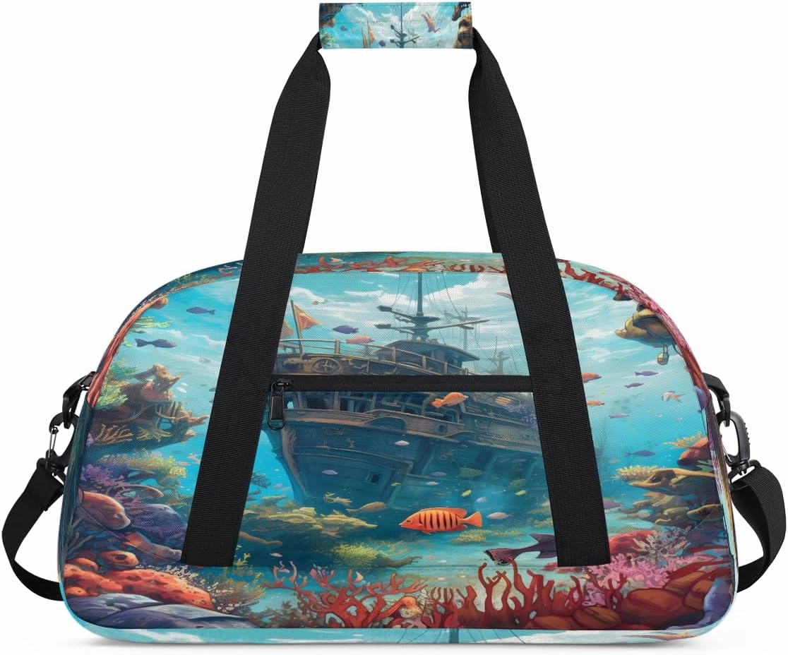 Cartoon Underwater Ship Kids Overnighter Duffel Bags for Boys, Carry-On Size Sports Gym Bag with Front Zipper Pocket for School Practice or Overnight Travel Weekender Sleepover Tote Bag