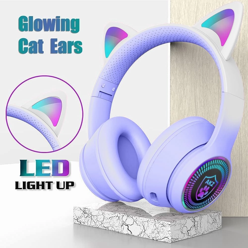 Cat Ear Gaming Bluetooth 5.3 Wireless Foldable Headphones with LED Light, Game Surround Sound Over-Ear Headsets with Microphone AUX for PC, Pad, Mobile, Laptop, Kids, Gift
