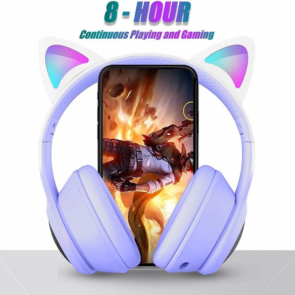 Cat Ear Gaming Bluetooth 5.3 Wireless Foldable Headphones with LED Light, Game Surround Sound Over-Ear Headsets with Microphone AUX for PC, Pad, Mobile, Laptop, Kids, Gift