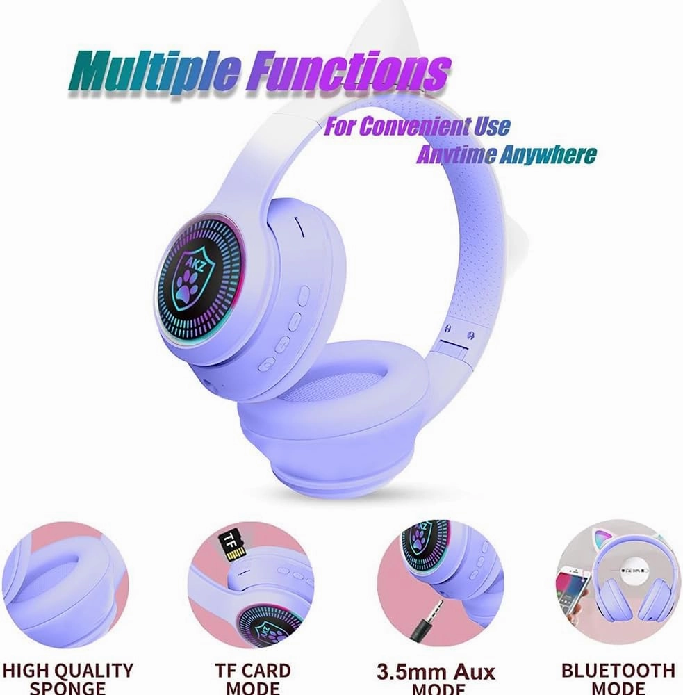 Cat Ear Gaming Bluetooth 5.3 Wireless Foldable Headphones with LED Light, Game Surround Sound Over-Ear Headsets with Microphone AUX for PC, Pad, Mobile, Laptop, Kids, Gift