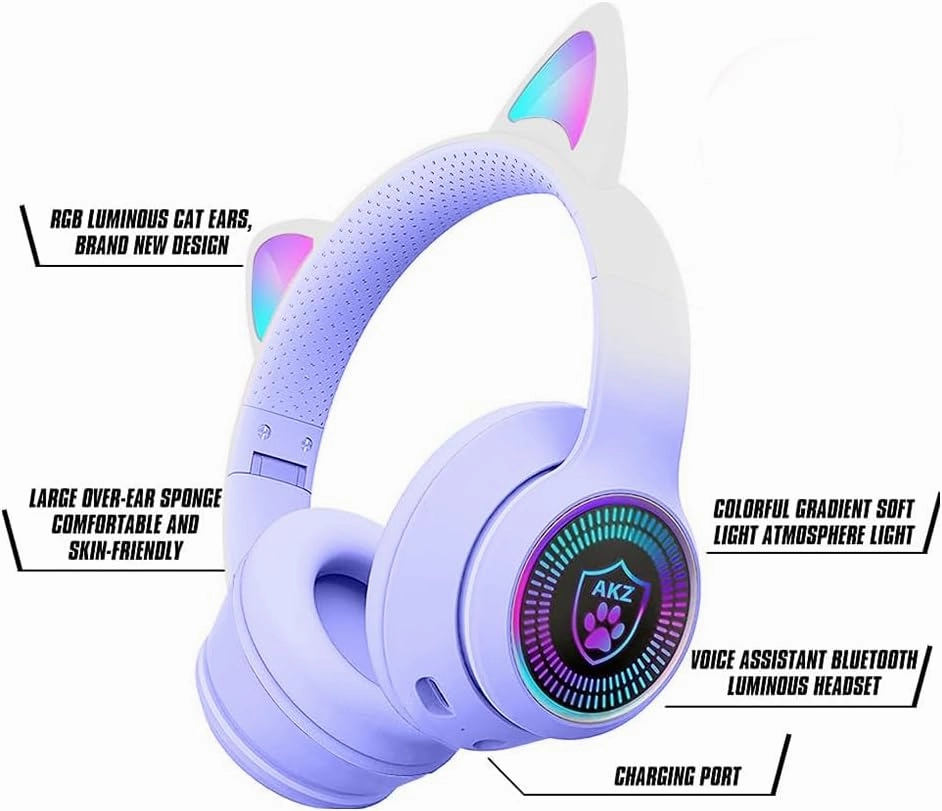 Cat Ear Gaming Bluetooth 5.3 Wireless Foldable Headphones with LED Light, Game Surround Sound Over-Ear Headsets with Microphone AUX for PC, Pad, Mobile, Laptop, Kids, Gift