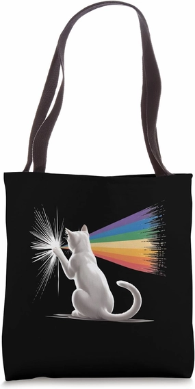 Cat Holding Light Beam Turning into Rainbow Spectrum Tote Bag