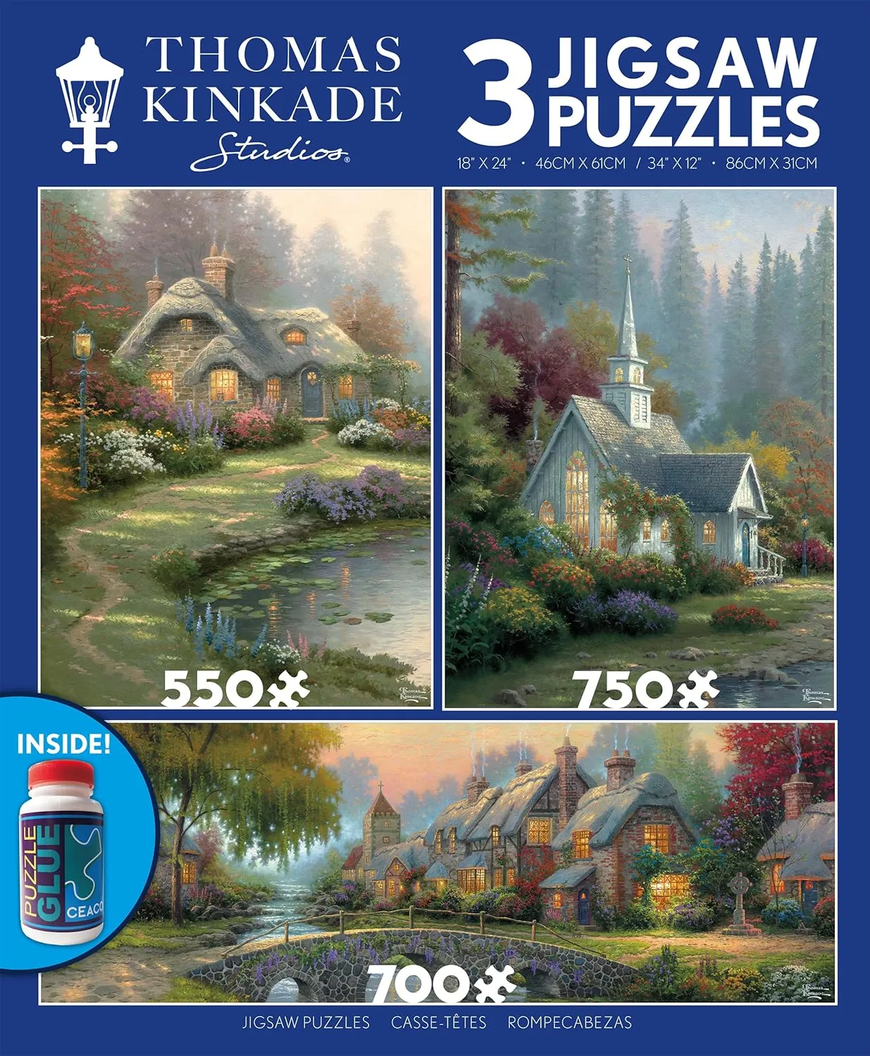 Ceaco - 3 in 1 Multipack - Thomas Kinkade - (1) 550 Piece, (1) 750 Piece, (1) 700 Piece Panoramic Jigsaw Puzzle
