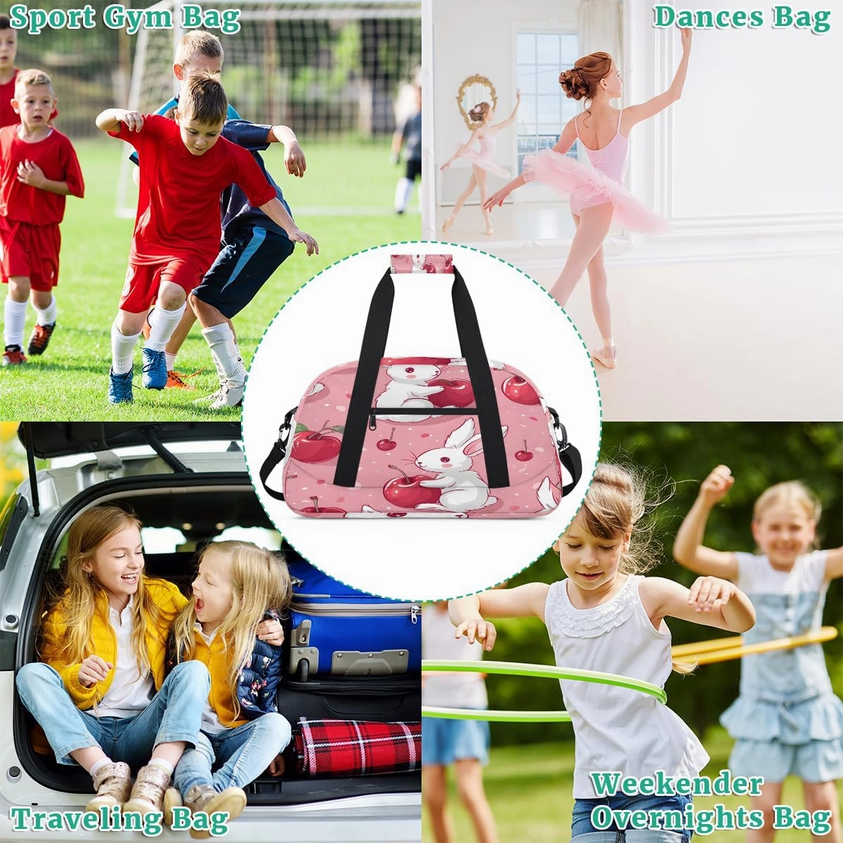 Cherry Rabbits Kids Overnighter Duffel Bags for Boys, Carry-On Size Sports Gym Bag with Front Zipper Pocket for School Practice or Overnight Travel Weekender Sleepover Tote Bag