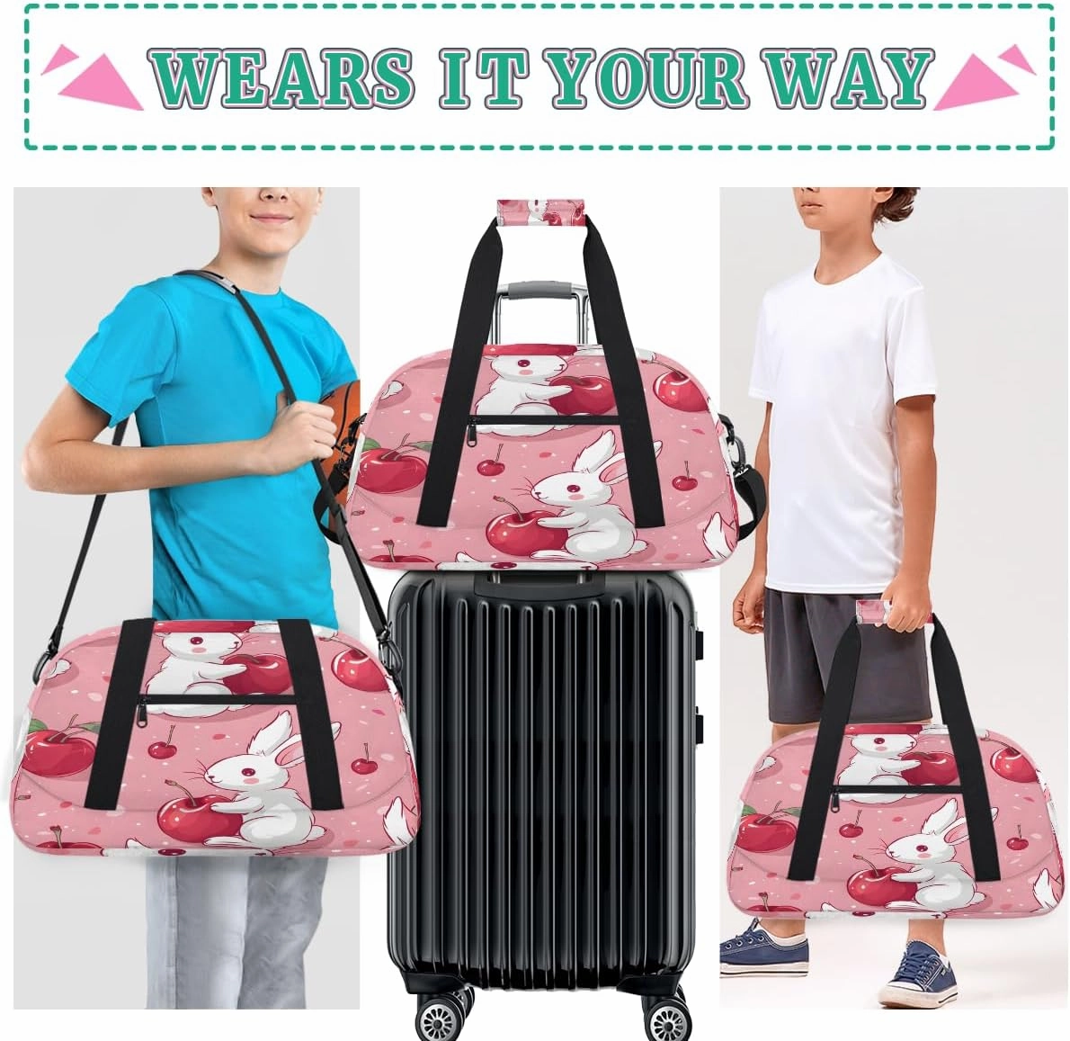 Cherry Rabbits Kids Overnighter Duffel Bags for Boys, Carry-On Size Sports Gym Bag with Front Zipper Pocket for School Practice or Overnight Travel Weekender Sleepover Tote Bag