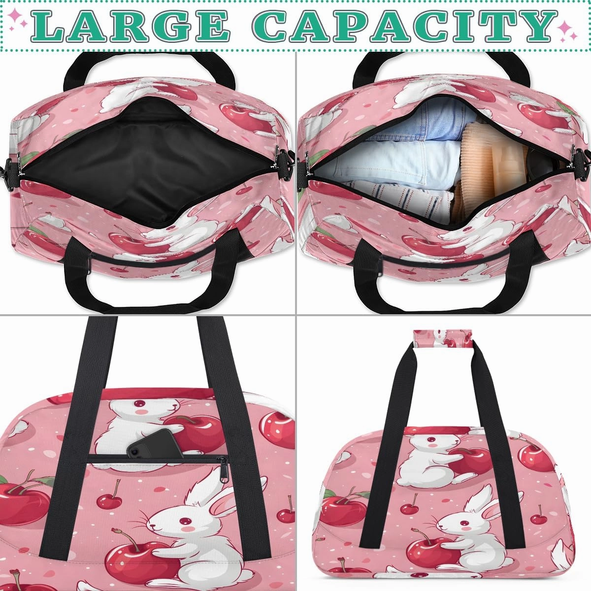 Cherry Rabbits Kids Overnighter Duffel Bags for Boys, Carry-On Size Sports Gym Bag with Front Zipper Pocket for School Practice or Overnight Travel Weekender Sleepover Tote Bag