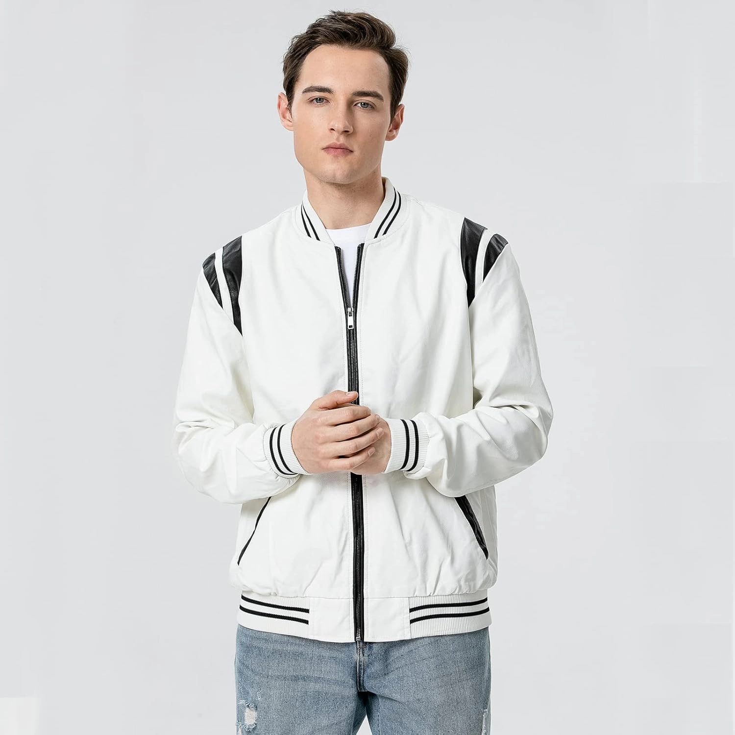 chuida Mens Stand Collar leather jacket Motorcycle Lightweight leather jacket men Faux Leather Bomber Casual Outwear