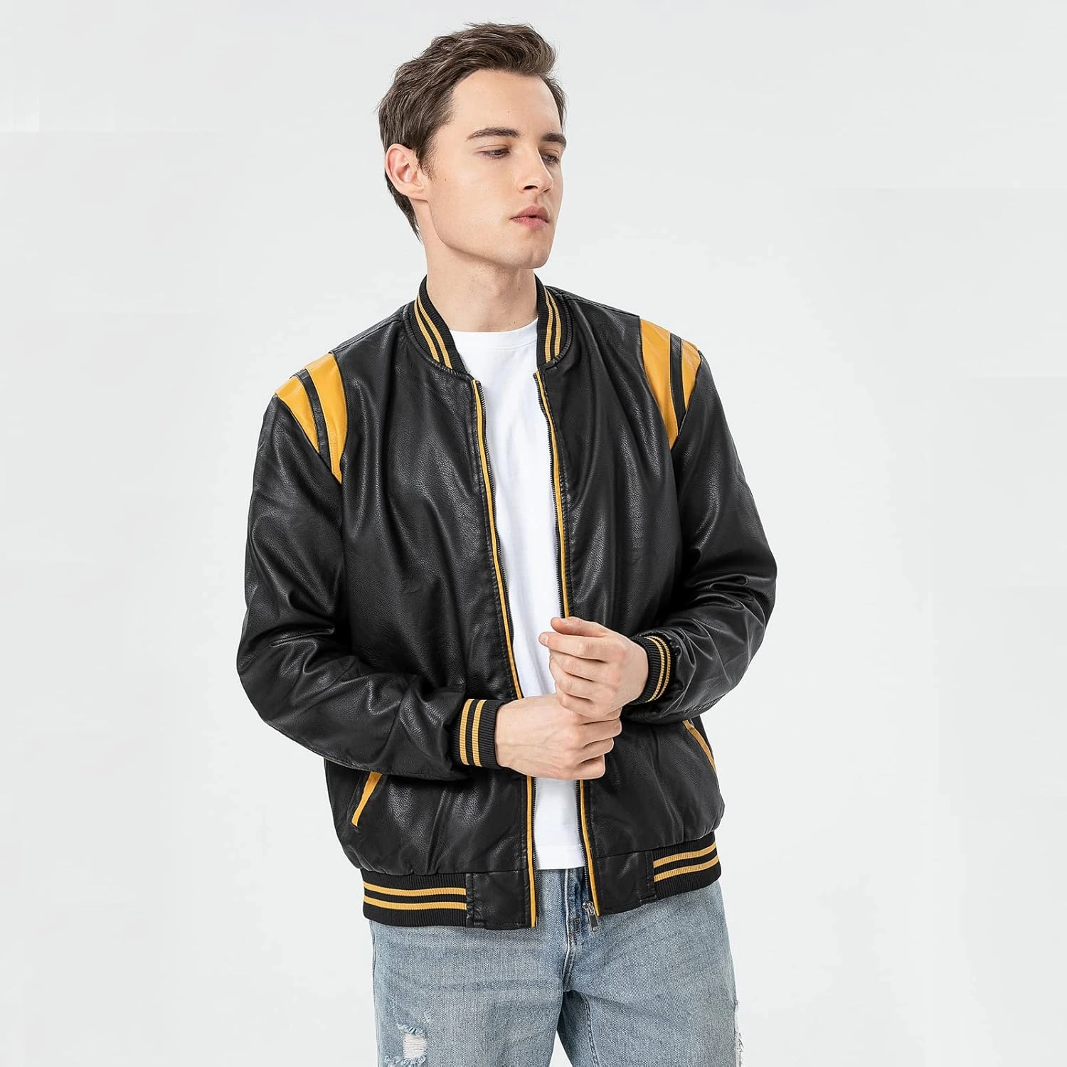 chuida Mens Stand Collar leather jacket Motorcycle Lightweight leather jacket men Faux Leather Bomber Casual Outwear