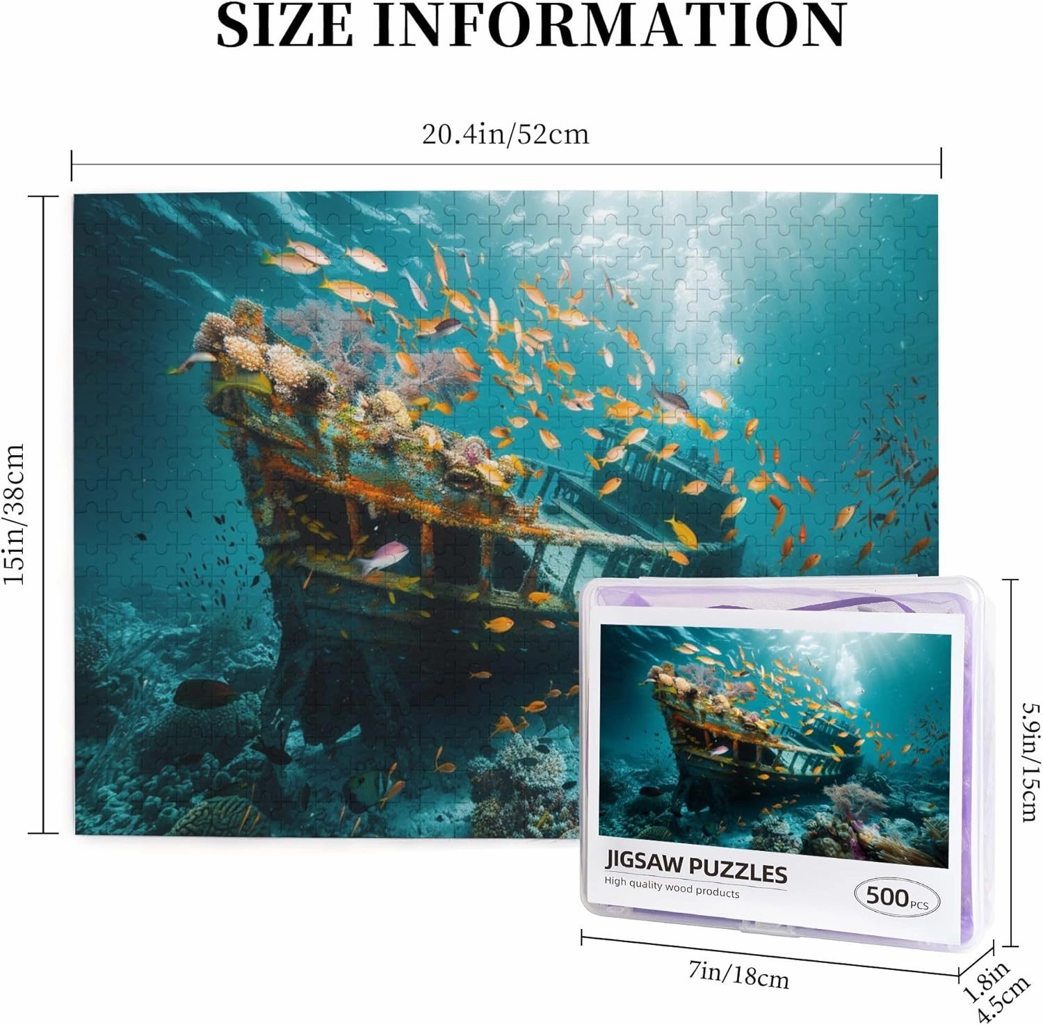 Classic Underwater shipwrecks and Fish 500 Piece Wooden Puzzle,Challenging Brain Exercise,500 Piece Jigsaw Puzzle for Adults Challenging Puzzle Perfect for Game Nights,for Puzzle Lover Gift