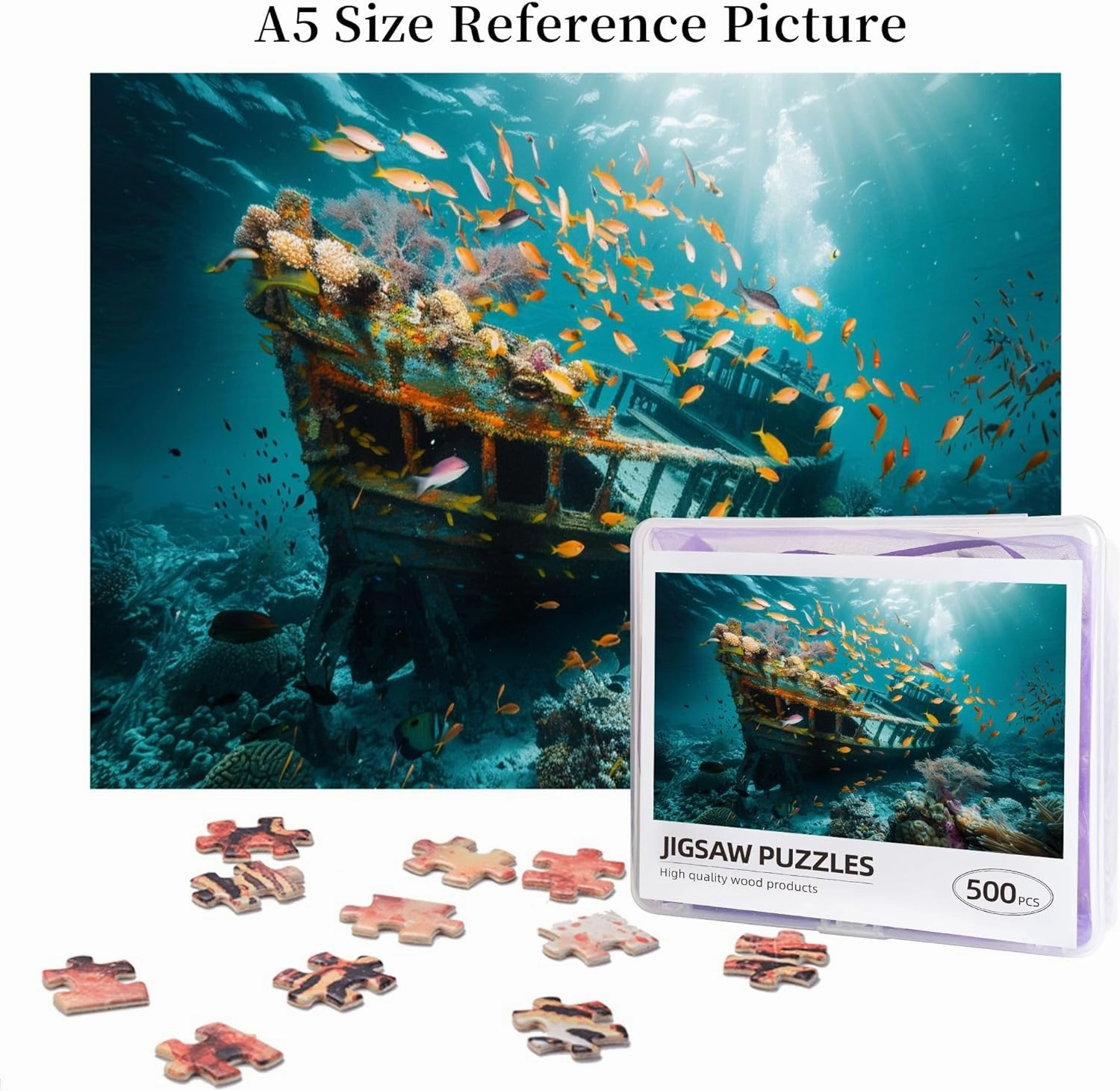 Classic Underwater shipwrecks and Fish 500 Piece Wooden Puzzle,Challenging Brain Exercise,500 Piece Jigsaw Puzzle for Adults Challenging Puzzle Perfect for Game Nights,for Puzzle Lover Gift