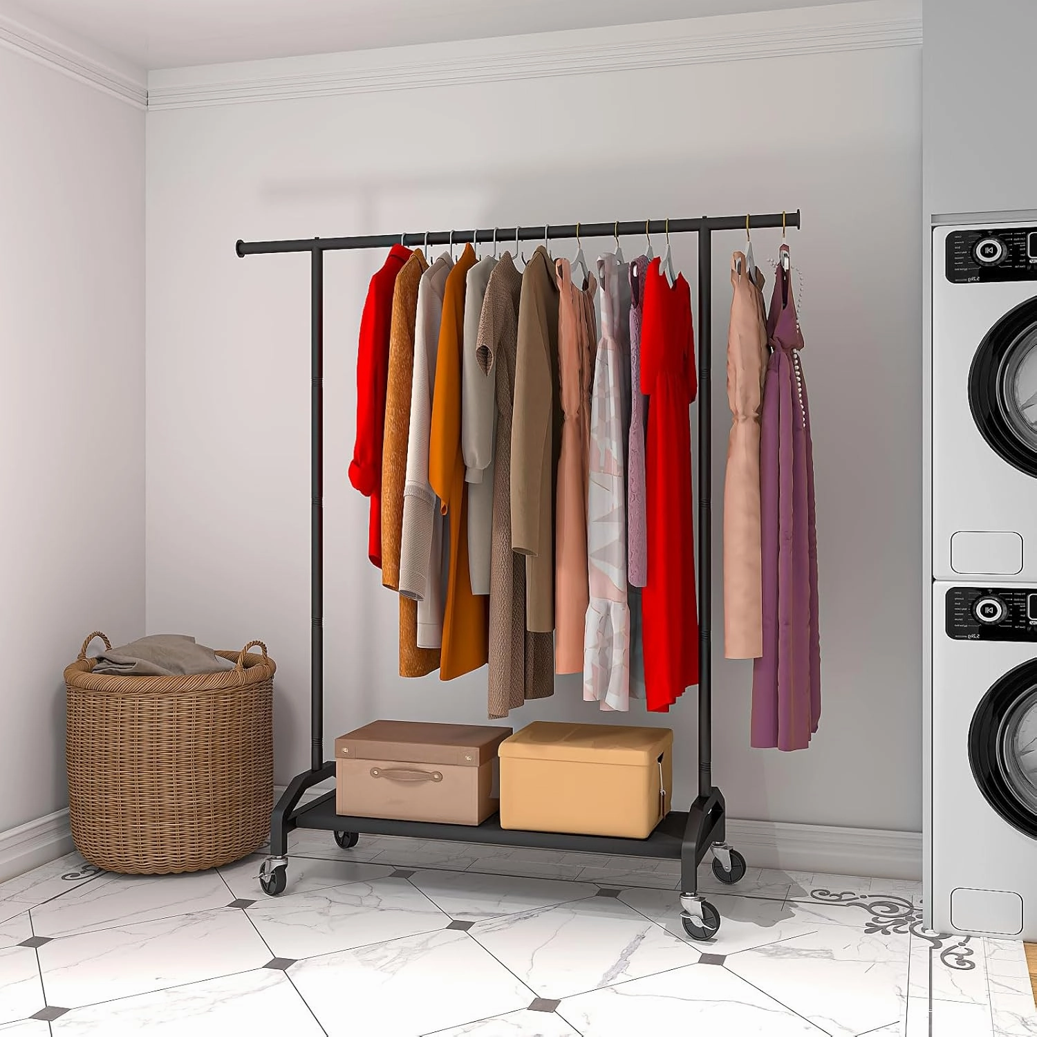 Clothes Rack Clothing Racks for Hanging Rolling Heavy Duty Coat Rack Drying Rack Clothing 200lbs Capacity 3" Industrial Wheels, 1" Pipe,Rolling Garment Rack Black