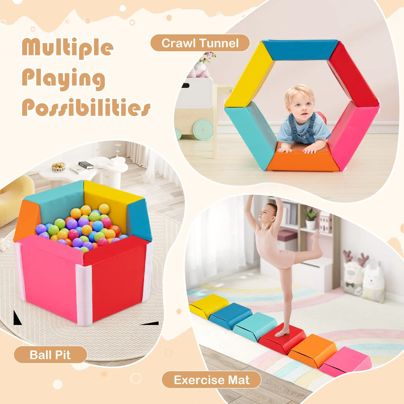 Colorful Hexagon Ball Pit for Kids Exercise Tumble Mat w/Detachable Zippered PU Covers