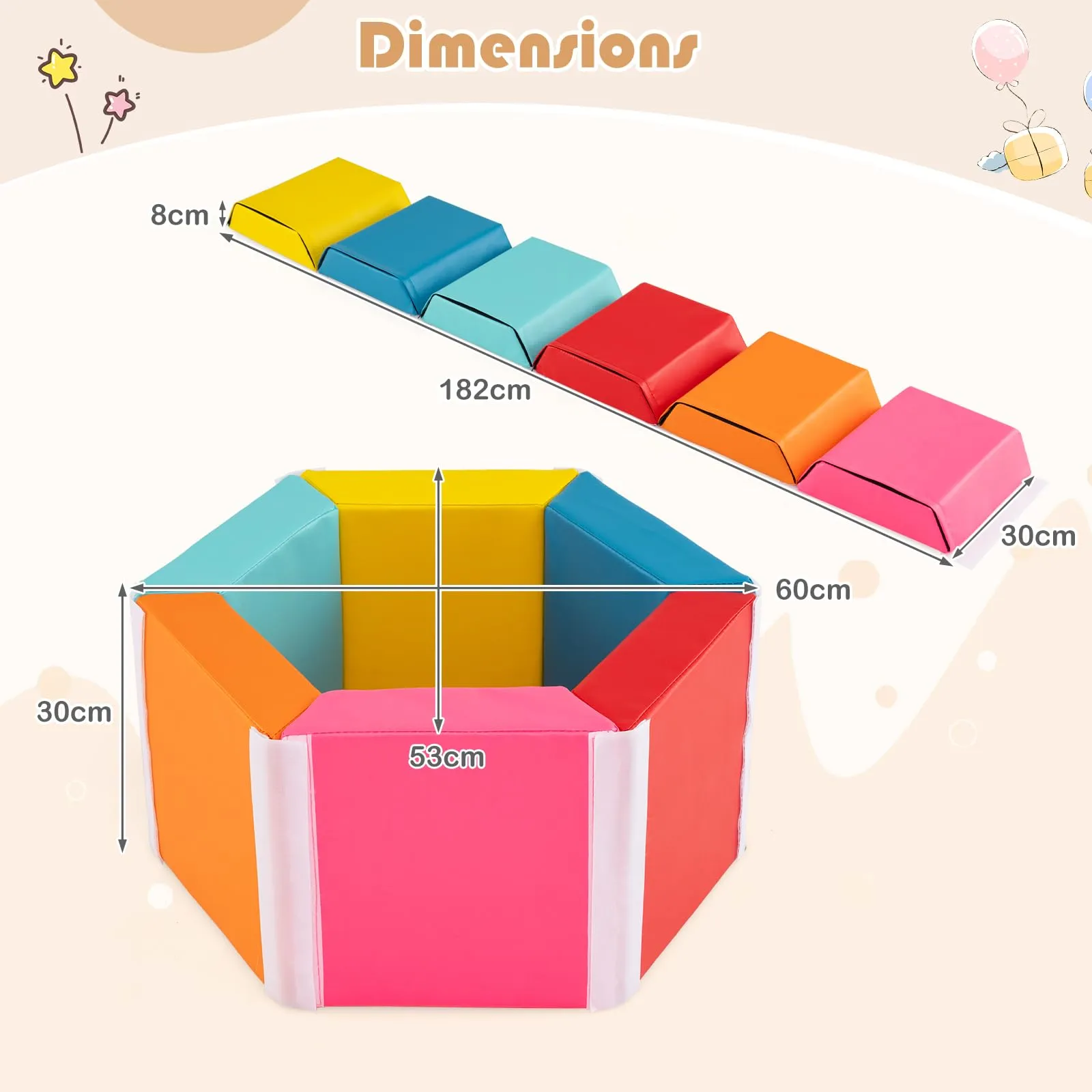 Colorful Hexagon Ball Pit for Kids Exercise Tumble Mat w/Detachable Zippered PU Covers