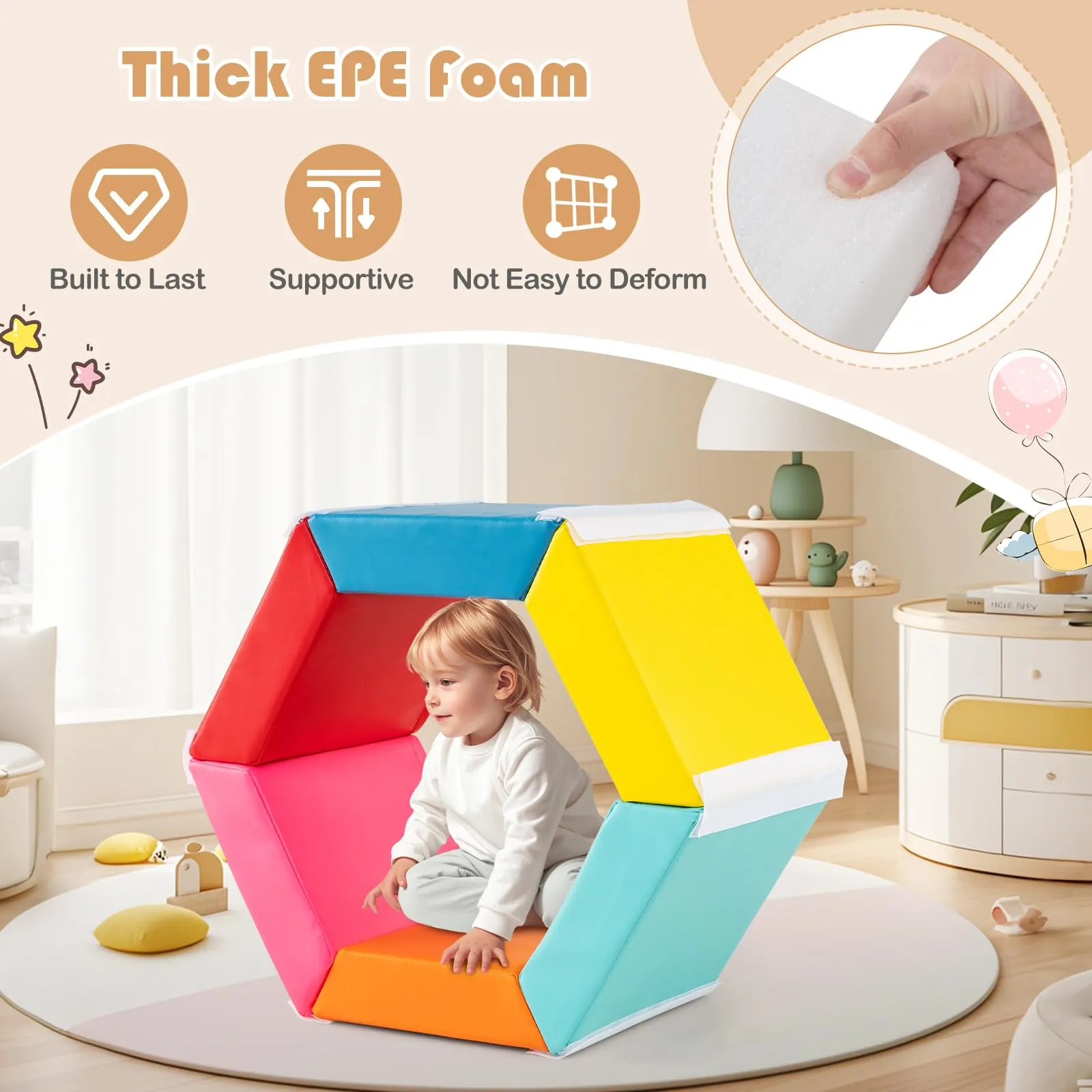 Colorful Hexagon Ball Pit for Kids Exercise Tumble Mat w/Detachable Zippered PU Covers