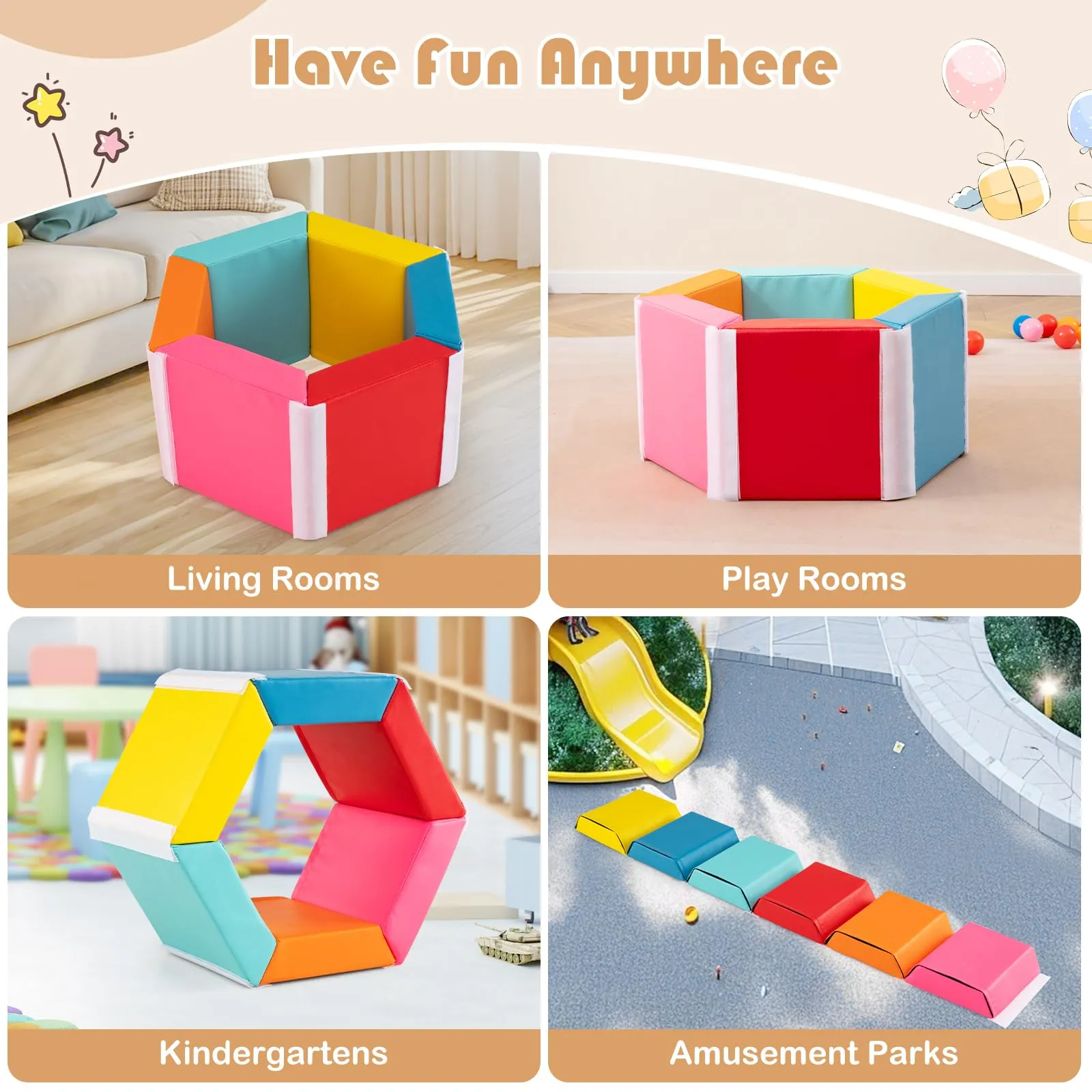 Colorful Hexagon Ball Pit for Kids Exercise Tumble Mat w/Detachable Zippered PU Covers