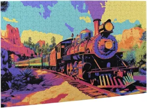 Colorful Journey Puzzles For Adults 500 Pieces,Vintage Steam Engine Amidst Rainbow Mountains & Skies, Premium Wooden Railway Art,Hands-On Assembly Of Your Home Décor Wall Art