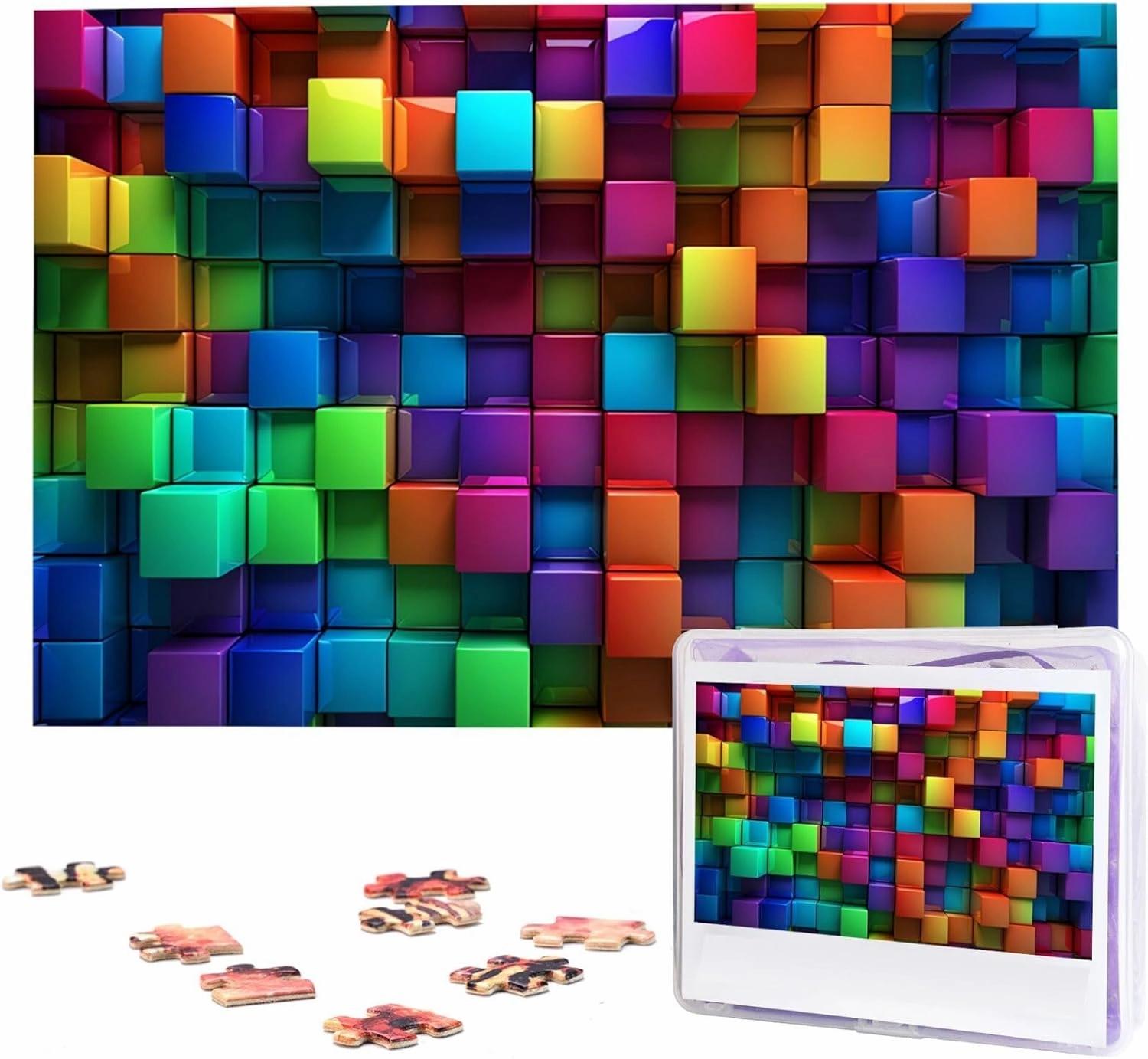 Colorful Cubes Puzzle for Adults 1000 Pieces Personalized Jigsaw Puzzles from Photos, Challenging Puzzle Perfect for Game Nights, Wooden Puzzles Gift for Holiday Birthday
