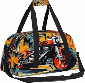 Colorful Motorcycle Kids Overnighter Duffel Bags for Boys, Carry-On Size Sports Gym Bag with Front Zipper Pocket for School Practice or Overnight Travel Weekender Sleepover Tote Bag
