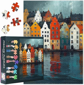 Colorful Norway's Water's Edge 1000 Piece Puzzle for Adults Norwegian Village Scene Jigsaw Puzzles Challenging & Vivid Detail Ideal for Puzzle Enthusiasts Finished Size: 70x50cm