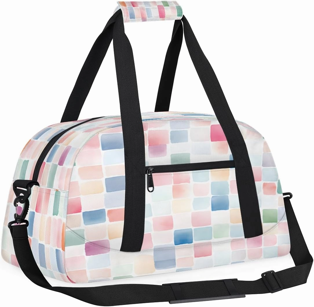 Colourful Squares Kids Overnighter Duffel Bags for Boys, Carry-On Size Sports Gym Bag with Front Zipper Pocket for School Practice or Overnight Travel Weekender Sleepover Tote Bag
