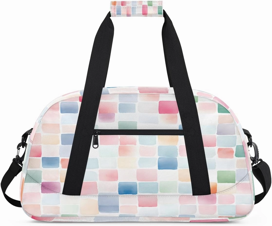Colourful Squares Kids Overnighter Duffel Bags for Boys, Carry-On Size Sports Gym Bag with Front Zipper Pocket for School Practice or Overnight Travel Weekender Sleepover Tote Bag