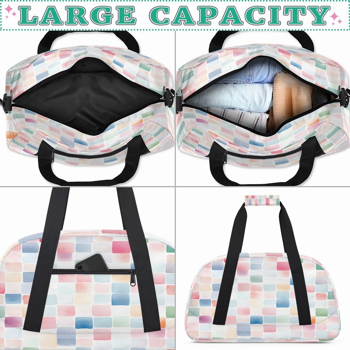Colourful Squares Kids Overnighter Duffel Bags for Boys, Carry-On Size Sports Gym Bag with Front Zipper Pocket for School Practice or Overnight Travel Weekender Sleepover Tote Bag