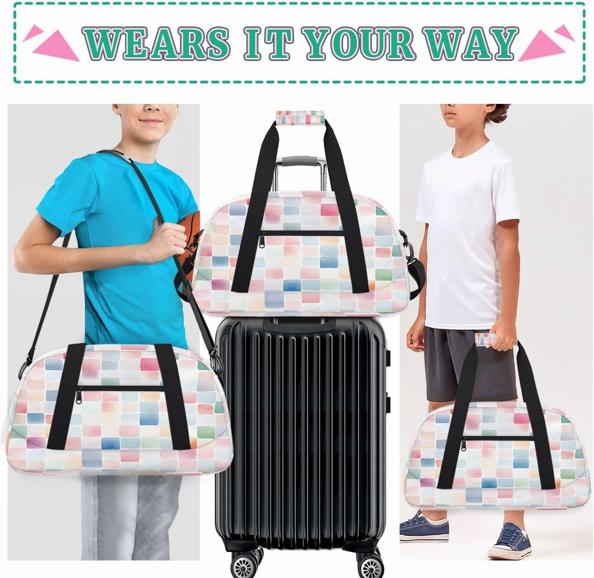 Colourful Squares Kids Overnighter Duffel Bags for Boys, Carry-On Size Sports Gym Bag with Front Zipper Pocket for School Practice or Overnight Travel Weekender Sleepover Tote Bag