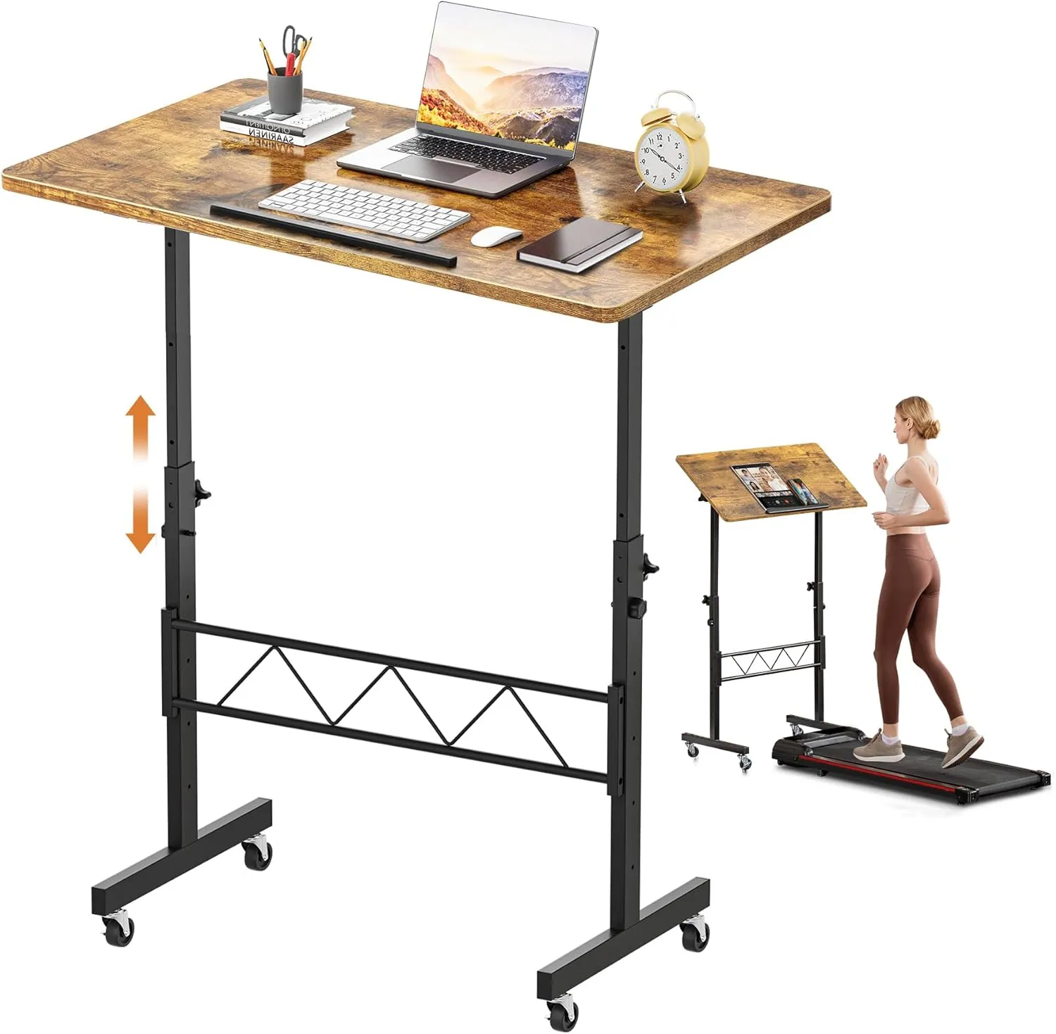 COMHOMA Small Standing Desk Adjustable Height & Tiltable Tabletop, Mobile Stand Up Desk for Laptop, Portable Computer Table for Home Office Work and Walking Pad Treadmill, Height 30.7"-46.4", Brown