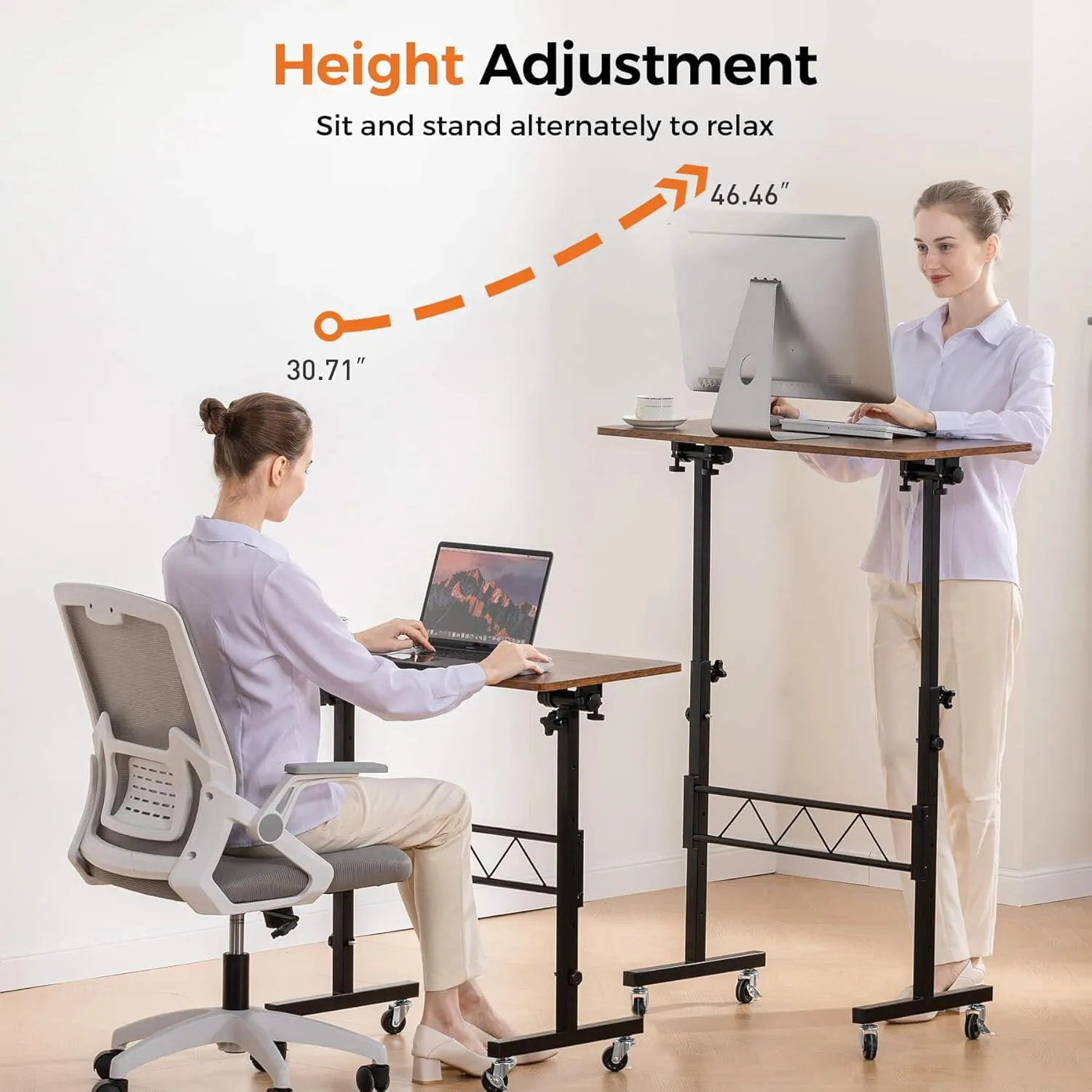 COMHOMA Small Standing Desk Adjustable Height & Tiltable Tabletop, Mobile Stand Up Desk for Laptop, Portable Computer Table for Home Office Work and Walking Pad Treadmill, Height 30.7"-46.4", Brown