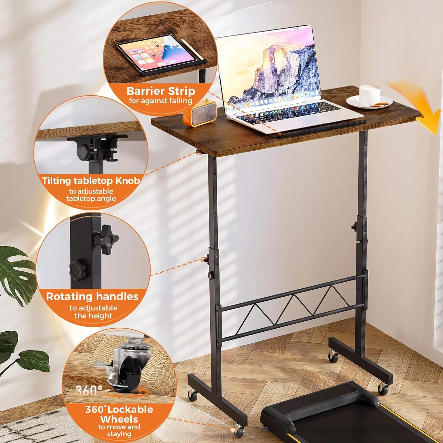 COMHOMA Small Standing Desk Adjustable Height & Tiltable Tabletop, Mobile Stand Up Desk for Laptop, Portable Computer Table for Home Office Work and Walking Pad Treadmill, Height 30.7"-46.4", Brown