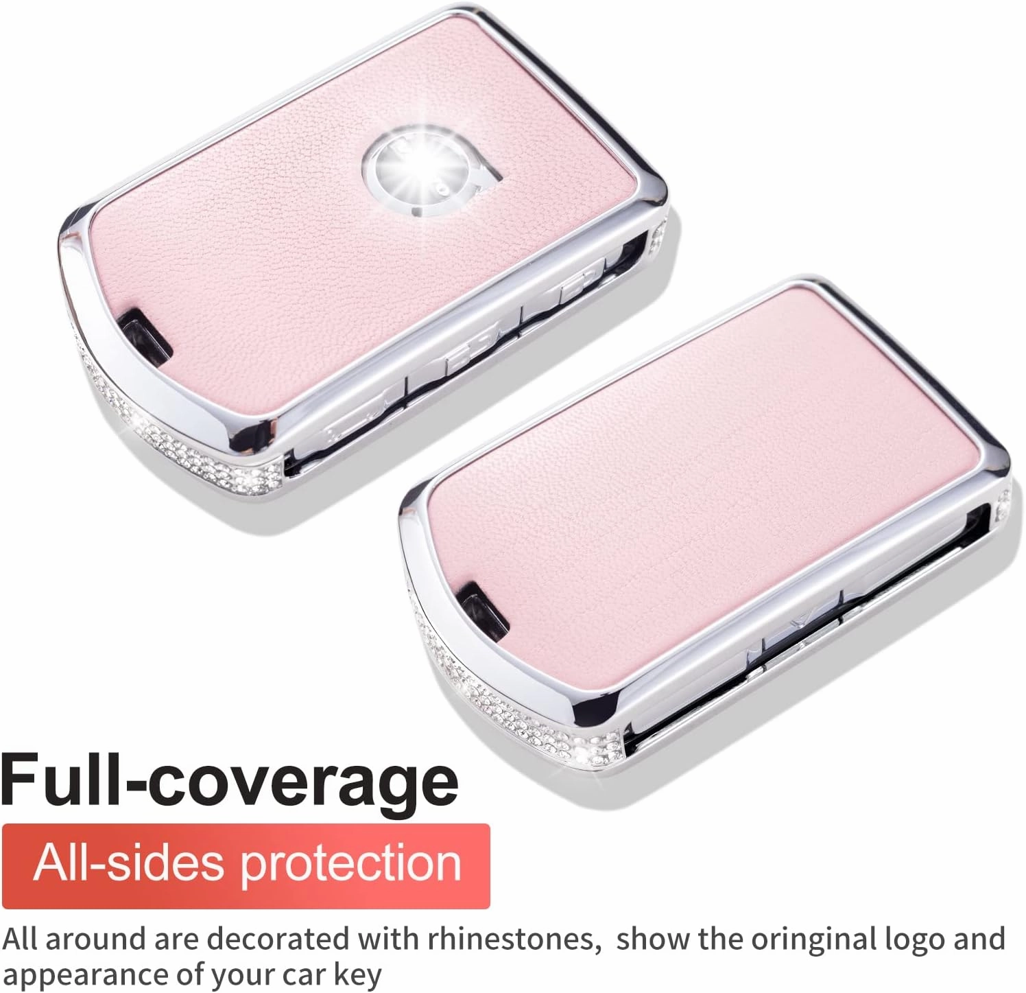 Compatible with Volvo Key Fob Cover with Keychain Leather Crystal 360 Degree Protection Key Shell Case for Volvo XC90, XC60, XC40, S60, S90, V60, V90, Polestar 1, Polestar 2 (Pink)