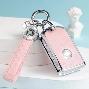 Compatible with Volvo Key Fob Cover with Keychain Leather Crystal 360 Degree Protection Key Shell Case for Volvo XC90, XC60, XC40, S60, S90, V60, V90, Polestar 1, Polestar 2 (Pink)