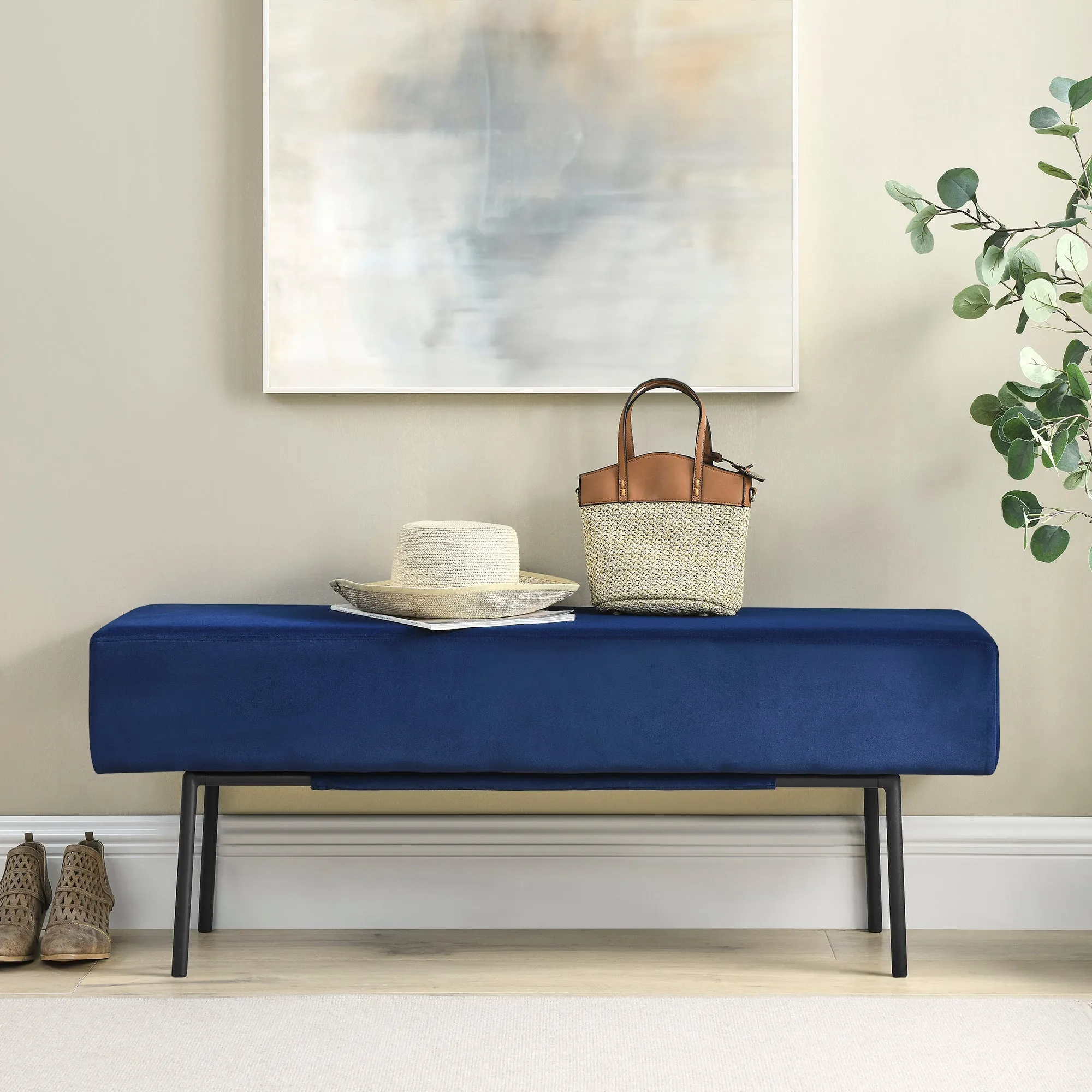 Contemporary Style Velvet Upholstered Bench - Blue