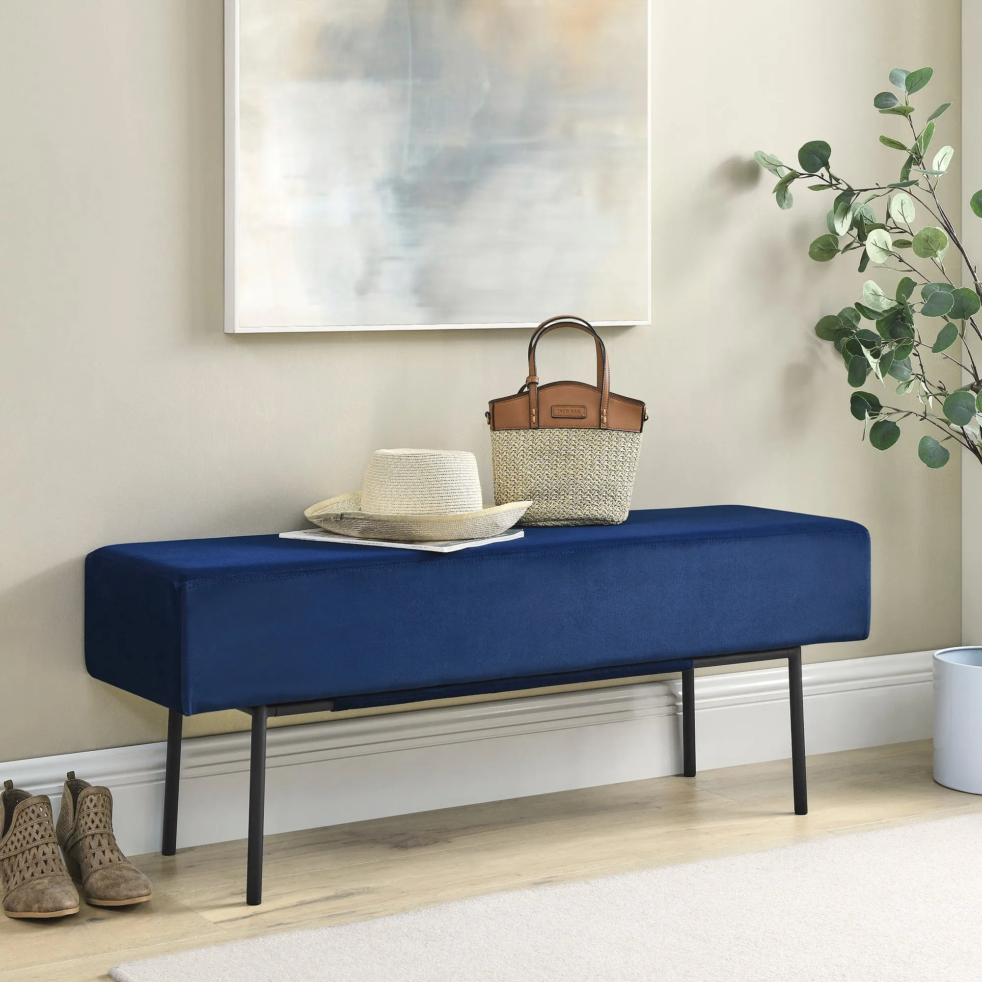 Contemporary Style Velvet Upholstered Bench - Blue