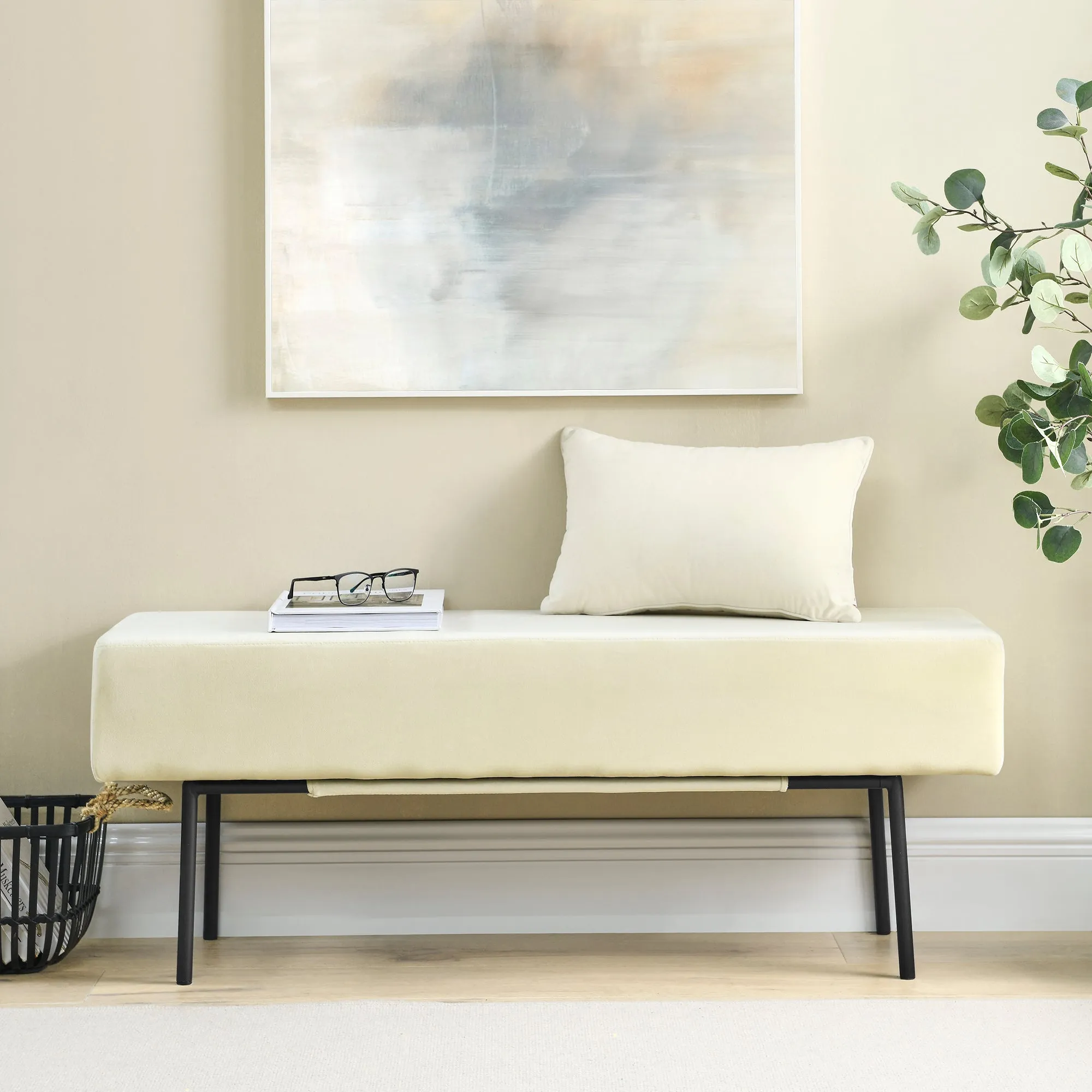 Contemporary Velvet Upholstered Bench ( 45'' x13''x 17''）-  Beige