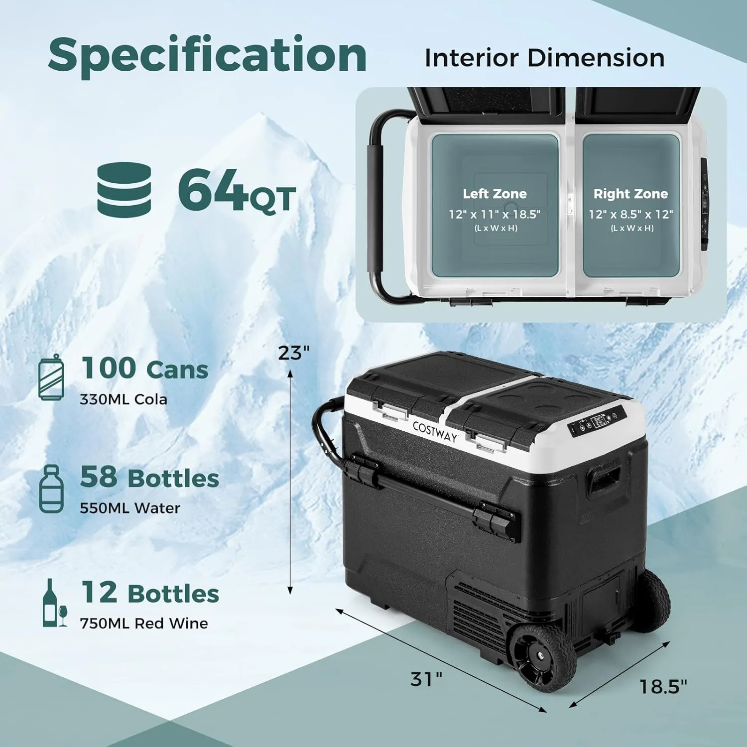 COSTWAY Car Refrigerator with Wheels, 64-Quart Dual-Zone Dual-Temperature Electric Cooler, 12V/24V DC, 100-240V AC, -4°F to 68°F, Portable Car Fridge Freezer for RV Camping, Black