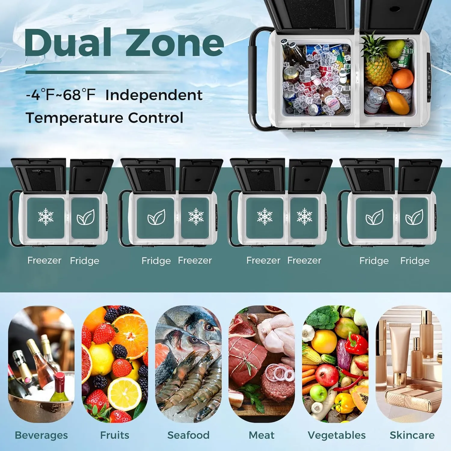 COSTWAY Car Refrigerator with Wheels, 64-Quart Dual-Zone Dual-Temperature Electric Cooler, 12V/24V DC, 100-240V AC, -4°F to 68°F, Portable Car Fridge Freezer for RV Camping, Black