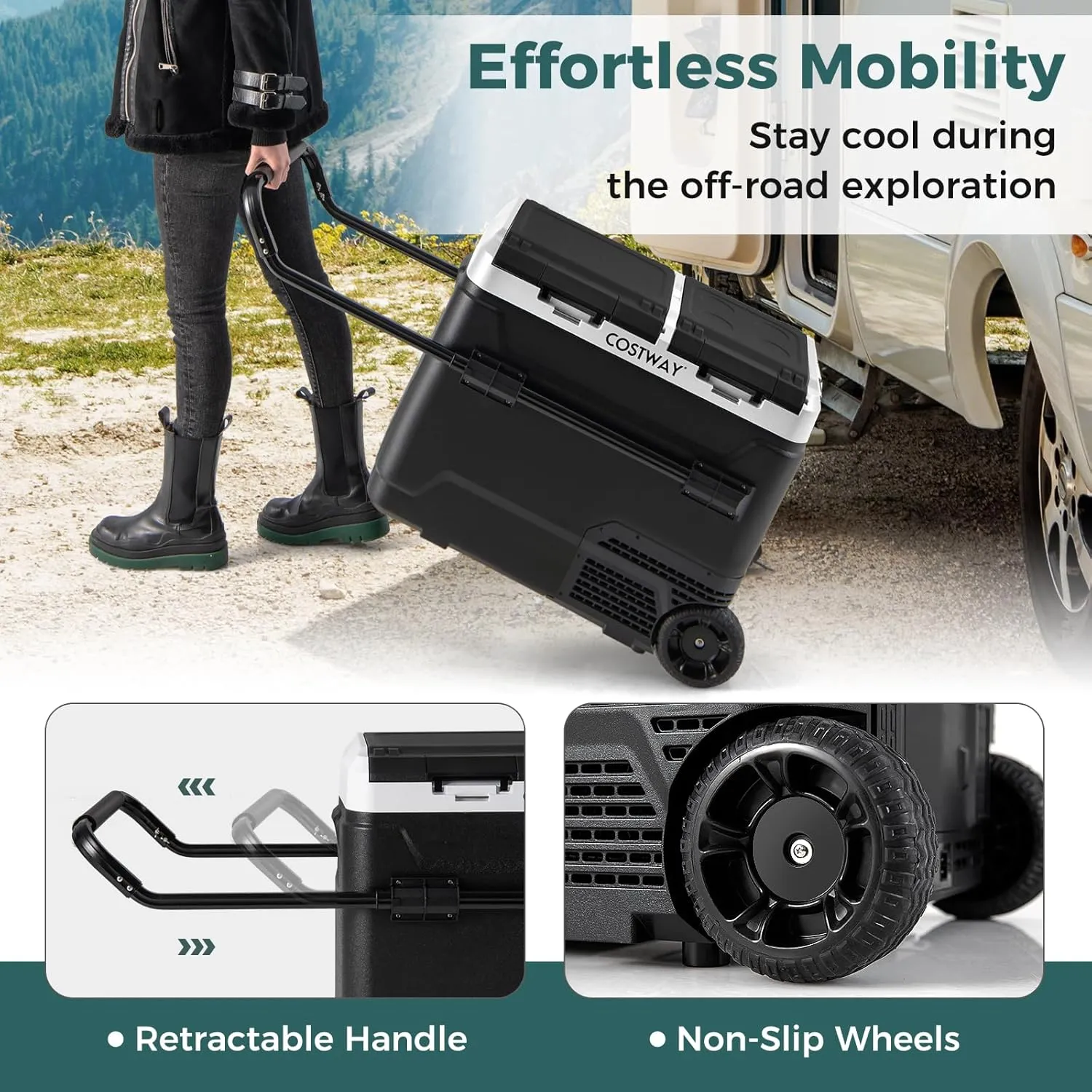COSTWAY Car Refrigerator with Wheels, 64-Quart Dual-Zone Dual-Temperature Electric Cooler, 12V/24V DC, 100-240V AC, -4°F to 68°F, Portable Car Fridge Freezer for RV Camping, Black