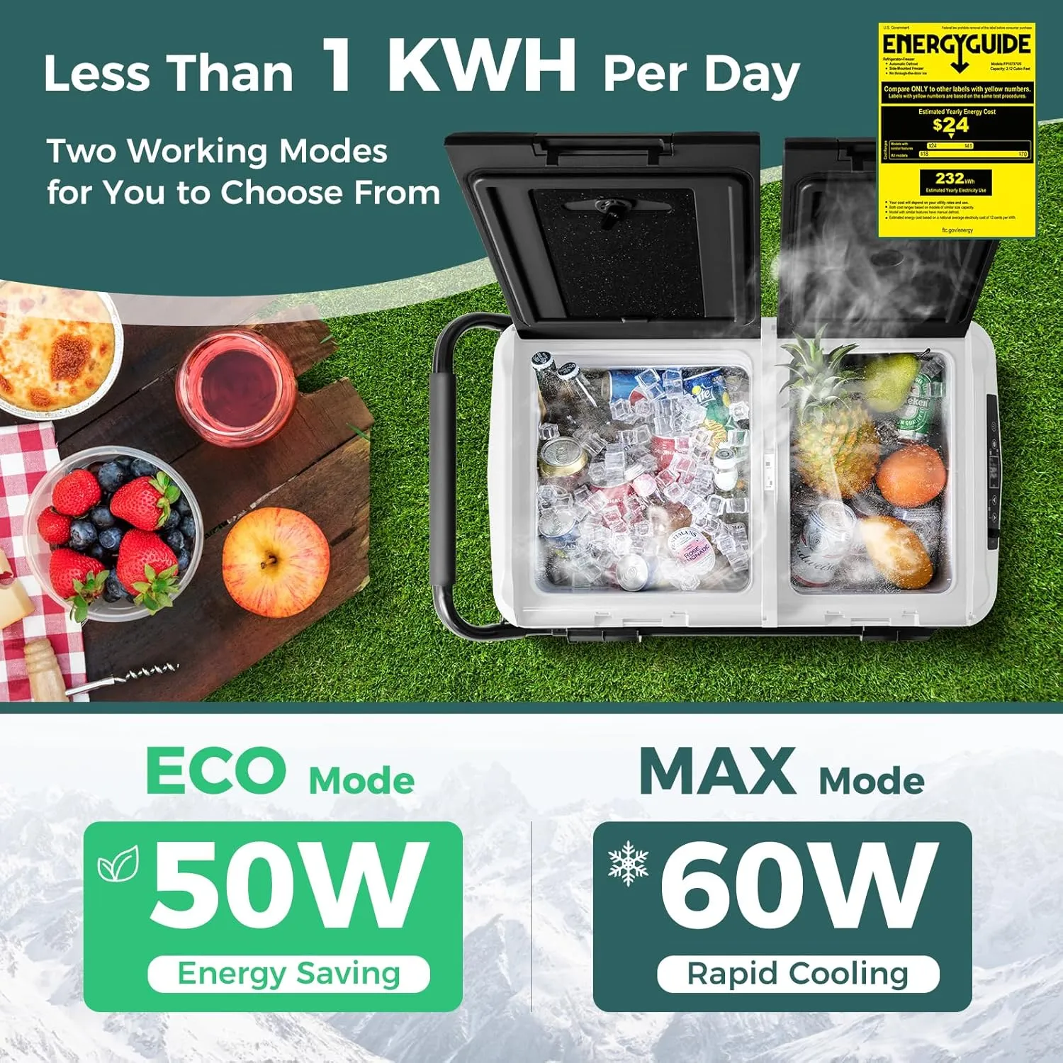 COSTWAY Car Refrigerator with Wheels, 64-Quart Dual-Zone Dual-Temperature Electric Cooler, 12V/24V DC, 100-240V AC, -4°F to 68°F, Portable Car Fridge Freezer for RV Camping, Black