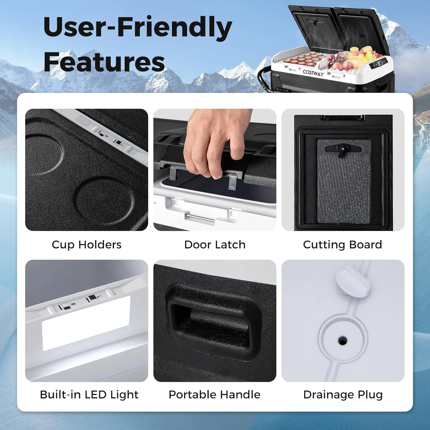 COSTWAY Car Refrigerator with Wheels, 64-Quart Dual-Zone Dual-Temperature Electric Cooler, 12V/24V DC, 100-240V AC, -4°F to 68°F, Portable Car Fridge Freezer for RV Camping, Black