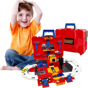 Crazy Truck 28 Piece Toolbox Garage Playset - Toddler Car Garage Playset with Track, Cars, Car Wash, Elevator, Fuel Station, Mechanic Garage, and More