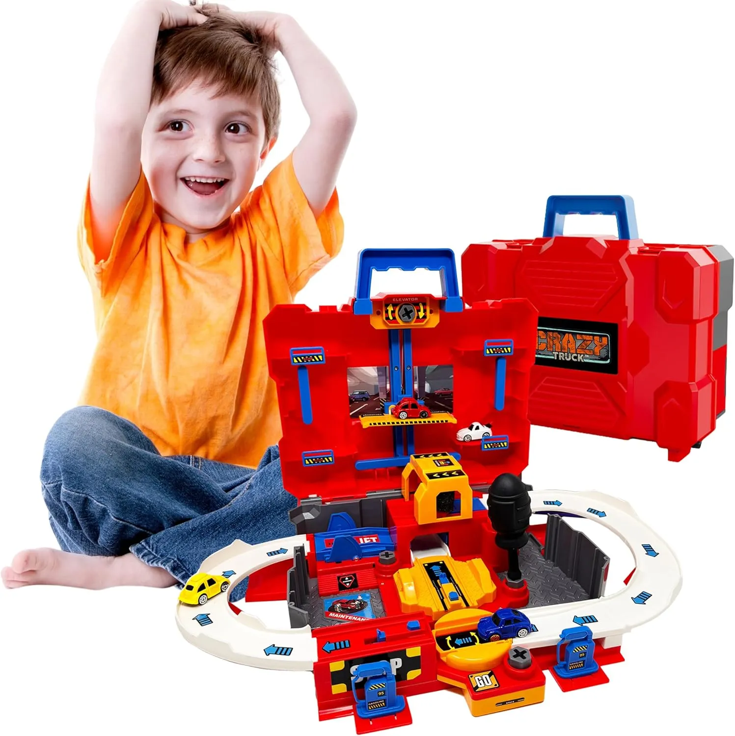 Crazy Truck 28 Piece Toolbox Garage Playset - Toddler Car Garage Playset with Track, Cars, Car Wash, Elevator, Fuel Station, Mechanic Garage, and More