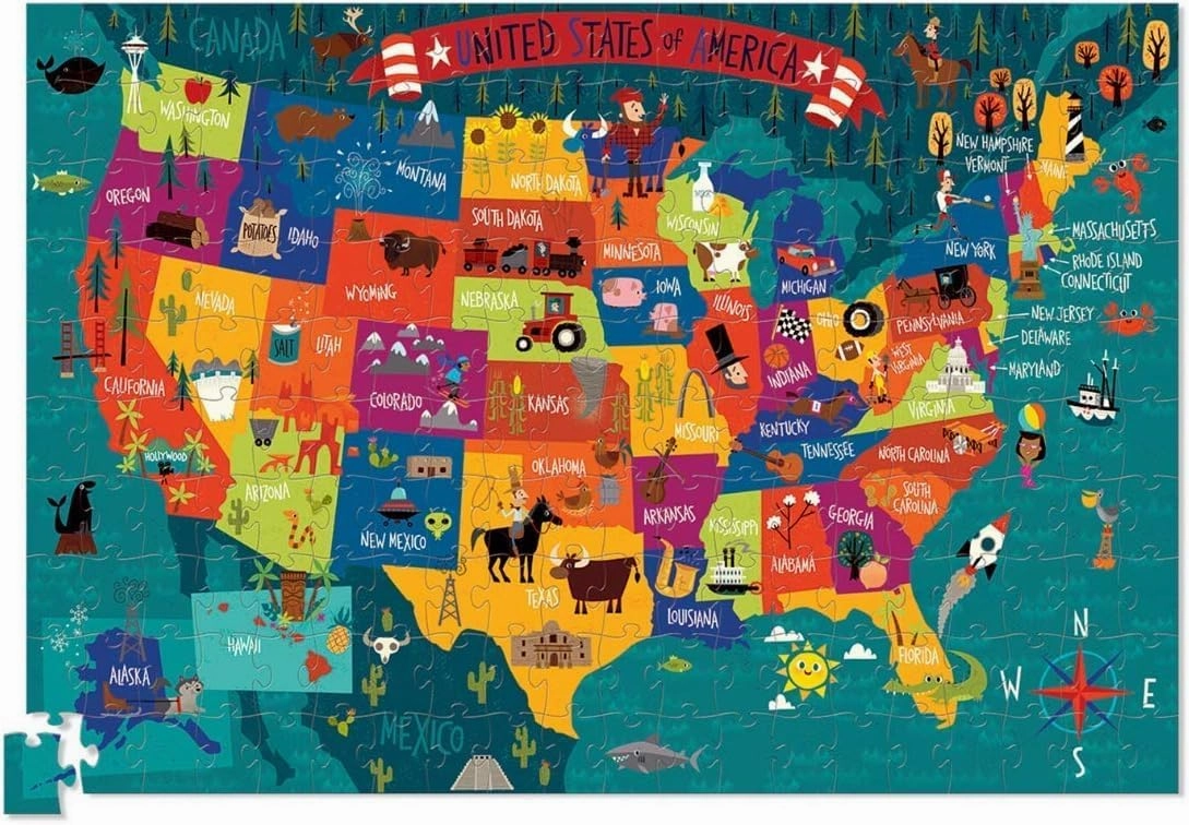Crocodile Creek 200-Piece Jigsaw Floor Puzzle with Matching Poster - Fun Puzzles for Kids Ages 6-8 and Up - Heavy-Duty Storage Cylinder with Handle - USA Map - 19" x 13" Finished