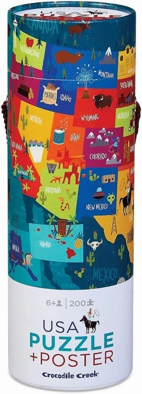 Crocodile Creek 200-Piece Jigsaw Floor Puzzle with Matching Poster - Fun Puzzles for Kids Ages 6-8 and Up - Heavy-Duty Storage Cylinder with Handle - USA Map - 19" x 13" Finished