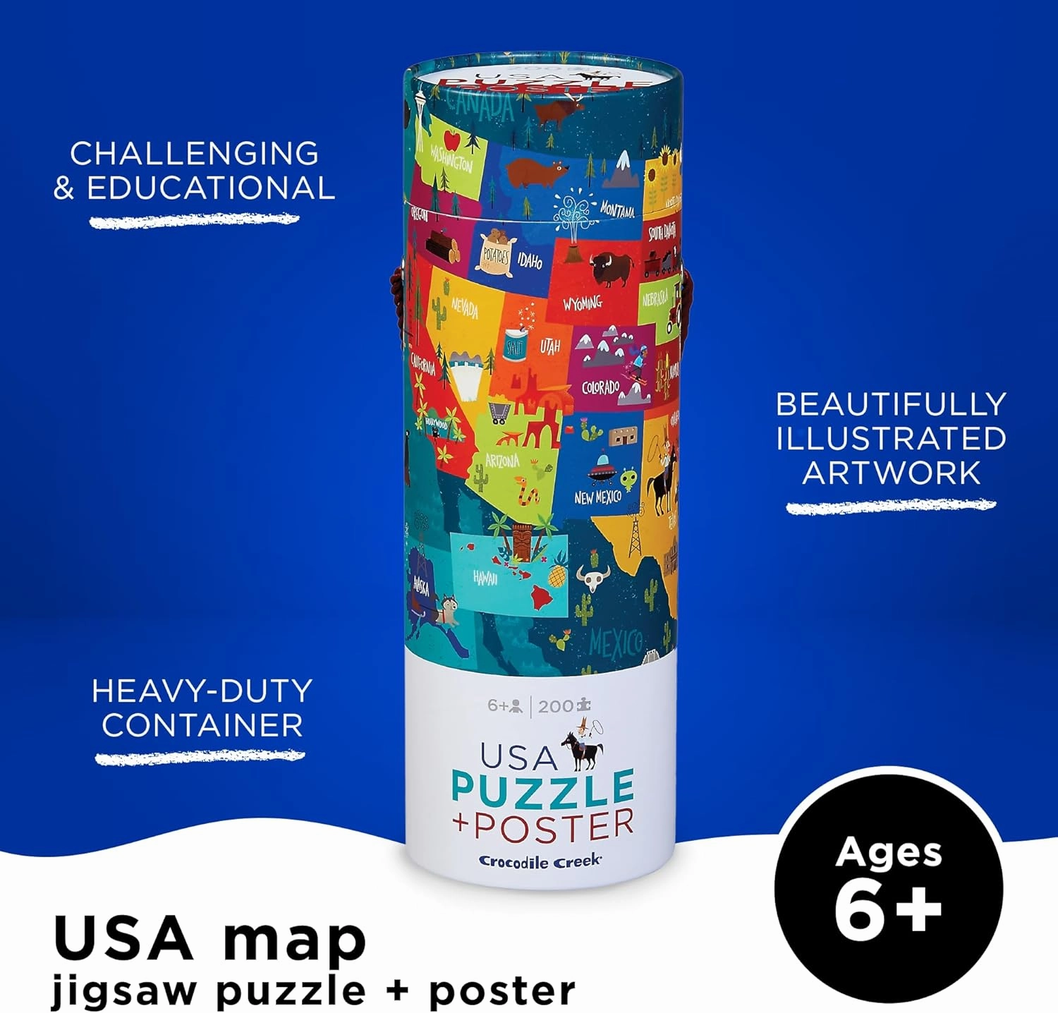 Crocodile Creek 200-Piece Jigsaw Floor Puzzle with Matching Poster - Fun Puzzles for Kids Ages 6-8 and Up - Heavy-Duty Storage Cylinder with Handle - USA Map - 19" x 13" Finished