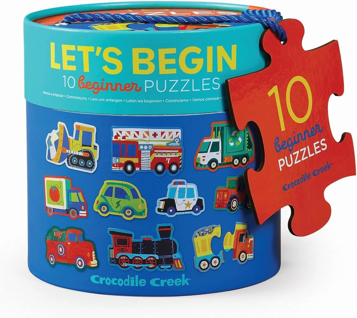 Crocodile Creek Let’s Begin Puzzle - Ten 2-Piece Beginner Puzzles for Ages 2 and Up - Heavy-Duty Storage Canister with Handle - Colorful Vehicles Design - Each Puzzle is 6" L x 4" H Finished