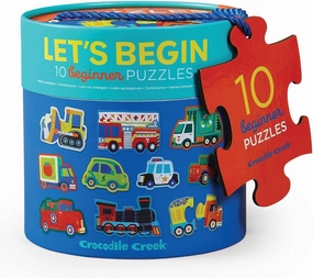 Crocodile Creek Let’s Begin Puzzle - Ten 2-Piece Beginner Puzzles for Ages 2 and Up - Heavy-Duty Storage Canister with Handle - Colorful Vehicles Design - Each Puzzle is 6" L x 4" H Finished