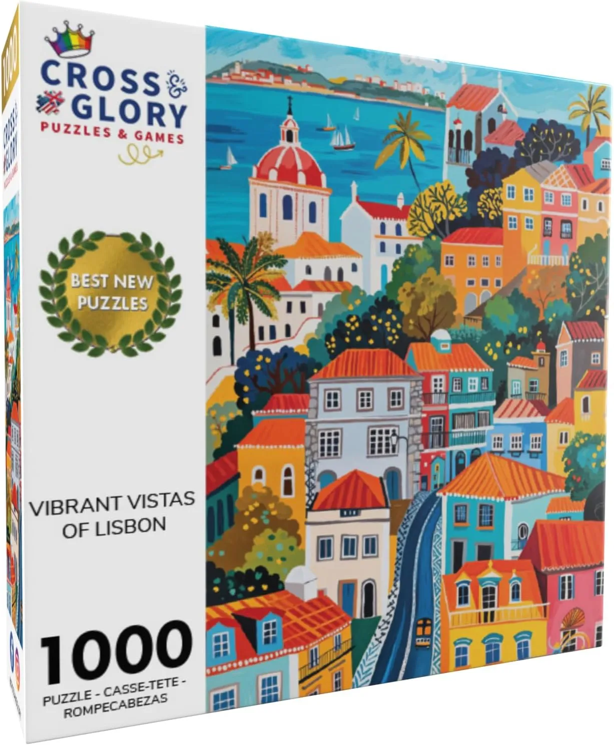 Cross & Glory - Vibrant Vistas of Lisbon - 1000 Piece Jigsaw Puzzle for Adults | Folk Art Style | Bright | Colorful | Family Friendly Game